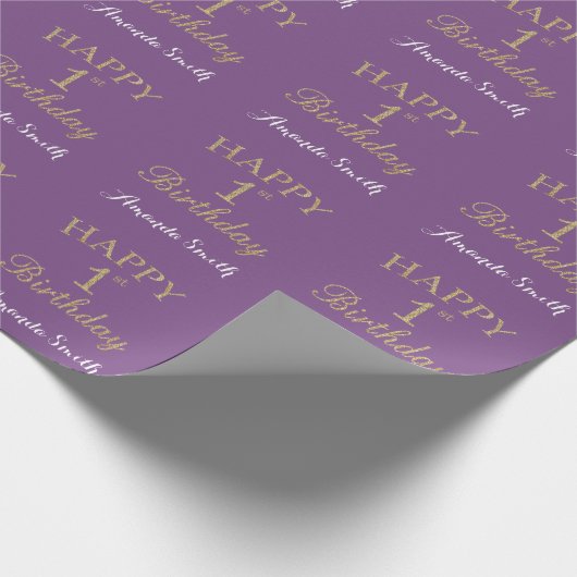 Happy 1st Birthday Gold Glitter en Paars Cadeaupapier (Hoek)