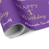 Happy 1st Birthday Gold Glitter en Paars Cadeaupapier (Rol Hoek)