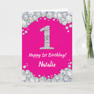 Happy 1st Birthday Hot Pink en Silver Glitter Kaart