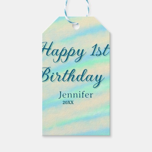 Happy 1st birthday kids baby blue green pastel ret cadeaulabel (Voorkant)