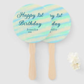 Happy 1st birthday kids baby blue green pastel ret handwaaier (Voorkant en achterkant)