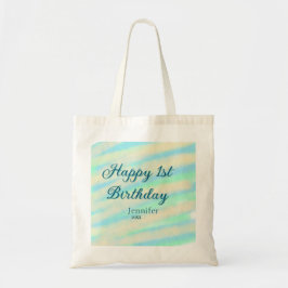 Happy 1st birthday kids baby blue green pastel ret tote bag