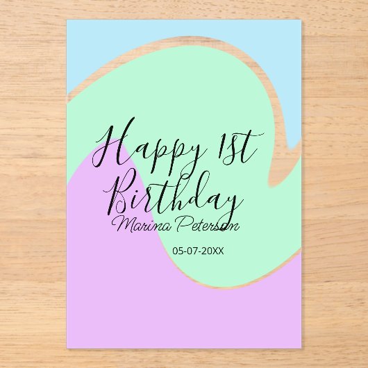 Happy 1st birthday pink green blue acrylic pour  acryl uitnodigingen (Voorkant)