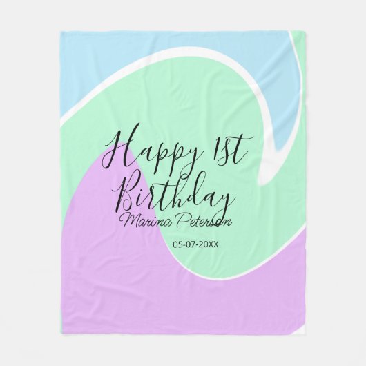Happy 1st birthday pink green blue acrylic pour fleece deken (Voorkant)