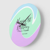 Happy 1st birthday pink green blue acrylic pour  grote klok (Hoek)