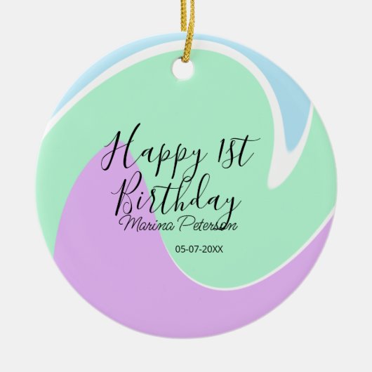 Happy 1st birthday pink green blue acrylic pour keramisch ornament (Voorkant)