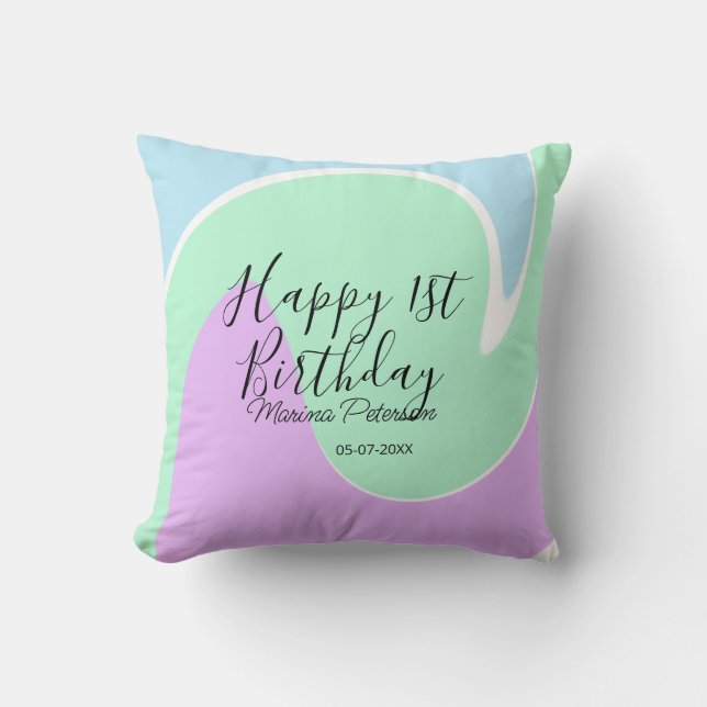 Happy 1st birthday pink green blue acrylic pour  kussen (Voorkant)