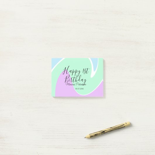 Happy 1st birthday pink green blue acrylic pour post-it® notes (Op bureau)