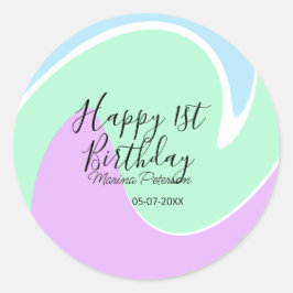 Happy 1st birthday pink green blue acrylic pour  ronde sticker
