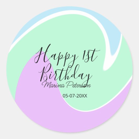 Happy 1st birthday pink green blue acrylic pour  ronde sticker (Voorkant)
