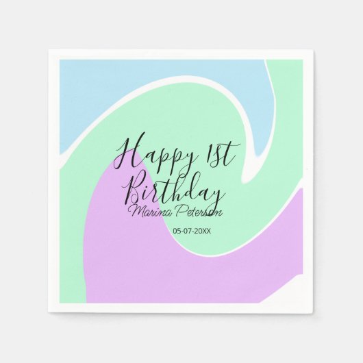 Happy 1st birthday pink green blue acrylic pour  servet (Voorkant)