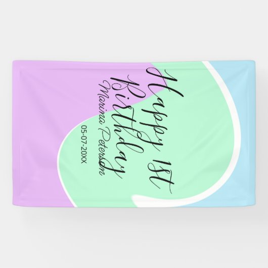 Happy 1st birthday pink green blue acrylic pour  spandoek (Horizontaal)