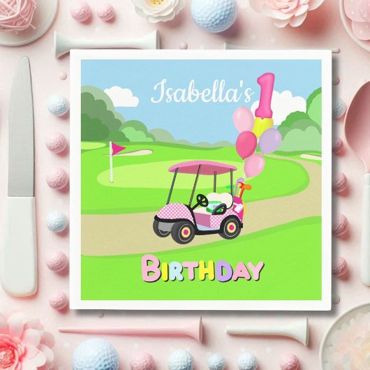 Happy 1st Birthday Polka Dot Pink Girly Golf  Servet
