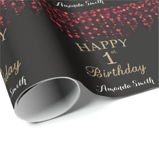 Happy 1st Birthday Red Black en Gold Glitter Cadeaupapier (Rol Hoek)