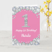 Happy 1st Birthday roze en Silver Glitter Card Kaart (Gele Bloem)