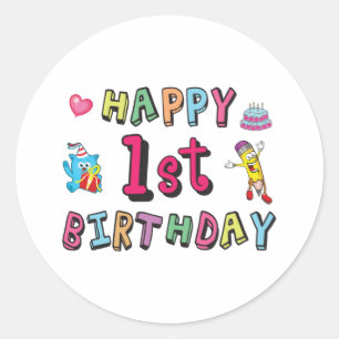 Happy 1st Birthday voor 1 jaar oude Kinder B-day w Ronde Sticker