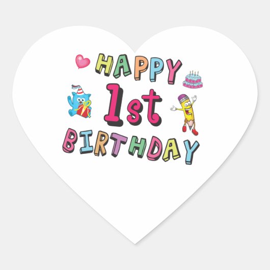 Happy 1st Birthday voor 1 jaar oude Kinderen B-dag Hart Sticker (Voorkant)