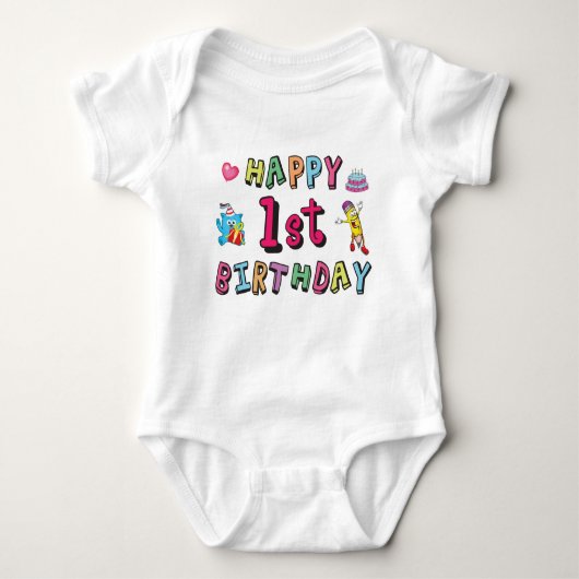 Happy 1st Birthday voor 1 jaar oude Kinderen B-dag Romper (Voorkant)