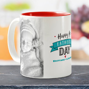 Happy 1st Fathers Dag 2 FotoTypografie Turquoise Tweekleurige Koffiemok