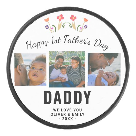 Happy 1st Father's Day Dad Keepomwille 3 Foto Hockey Puck (Voorkant)