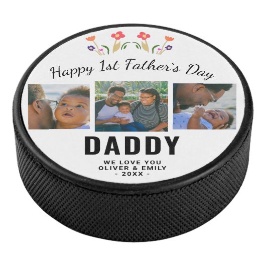 Happy 1st Father's Day Dad Keepomwille 3 Foto Hockey Puck (3/4)