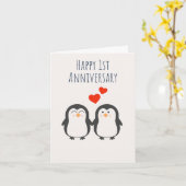 Happy 1st Jubileum Pinguïn Paar Kaart (Gele Bloem)