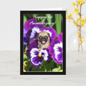 Happy 1st Jubileum Pug in pansies kaart (Gele Bloem)