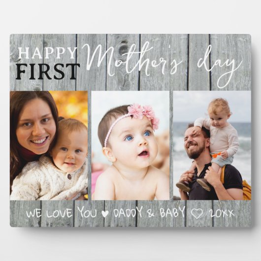 Happy 1st Moederdag 3 Photo Collage Grijs Hout Fotoplaat (Voorkant)