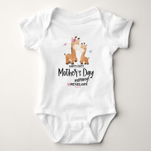 Happy 1st Moederdag Giraffe Baby Bodysuit + naam (Voorkant)