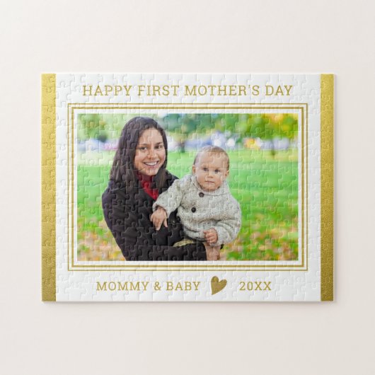 Happy 1st Moederdag Mam en Baby Foto Gold Legpuzzel (Horizontaal)