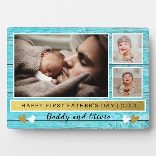 Happy 1st Vaderdag 3 Foto Collage Blue Wood Fotoplaat (voorkant)