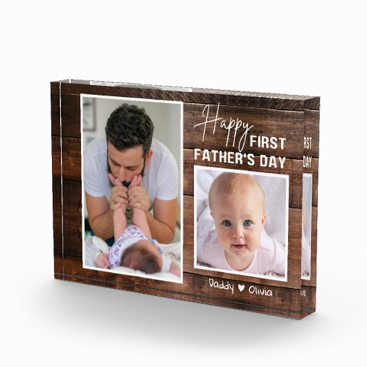 Happy 1st Vaderdag New Dad 2 Photo Dark Wood Fotoblokken (Rechts)