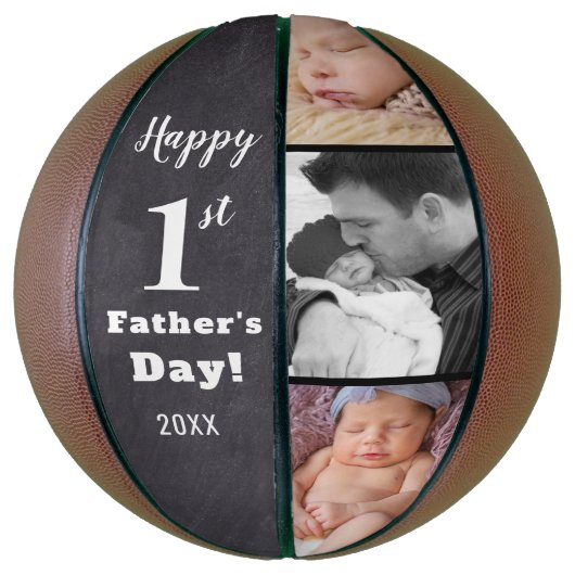 Happy 1st Vaderdag New Dad 3 Photo Collage Basketbal (Verticaal)