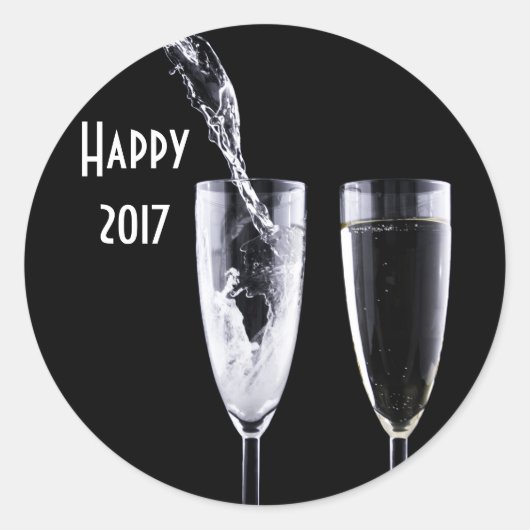 Happy 2017 Zwart Wit Champagne glazen feestelijk Ronde Sticker (Voorkant)