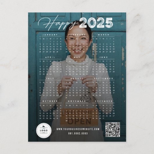 Happy 2025 Modern Script Kalender Nieuwjaar Foto Feestdagenkaart (Voorkant)