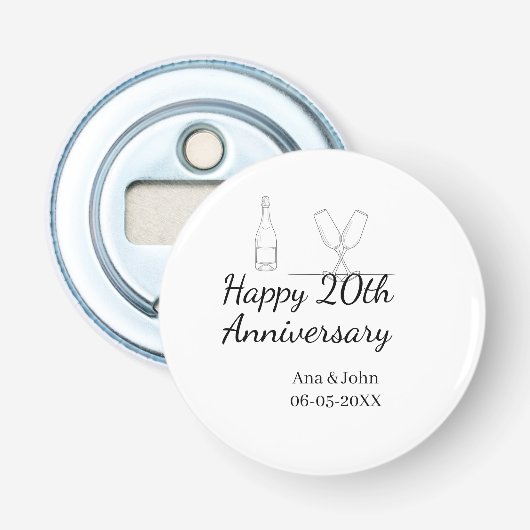 Happy 20th anniversary champagne bottle glass name button flesopener (Voorkant)