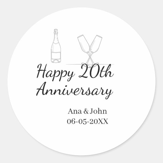 Happy 20th anniversary champagne bottle glass name ronde sticker (Voorkant)