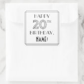 HAPPY 20th BIRTHDAY, Art Deco Style, Custom Name Vierkante Sticker (Tas)