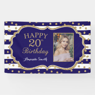 Happy 20th Birthday Banner Navy Blue Gold Glitter