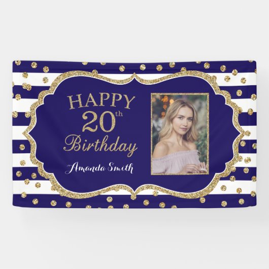 Happy 20th Birthday Banner Navy Blue Gold Glitter (Horizontaal)
