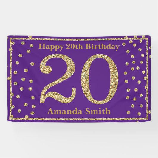 Happy 20th Birthday Banner Paars en Gold Glitter (Horizontaal)