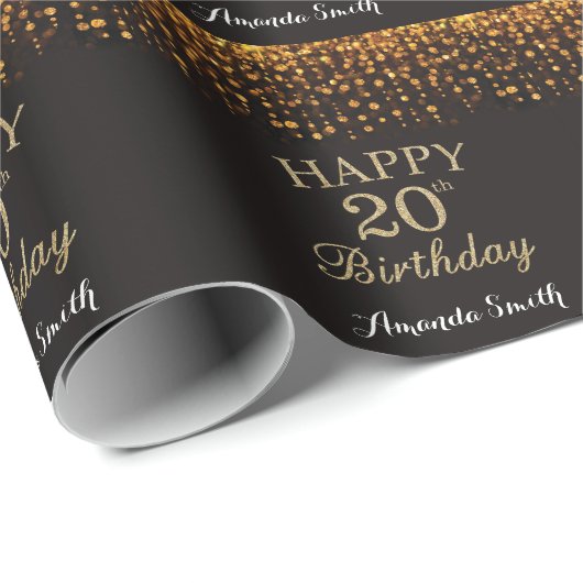 Happy 20th Birthday Black en Gold Glitter Cadeaupapier (Rol Hoek)