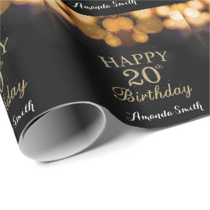 Happy 20th Birthday Black en Gold Glitter Cadeaupapier