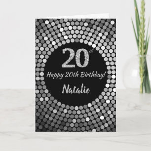 Happy 20th Birthday Black en Silver Glitter Card Kaart