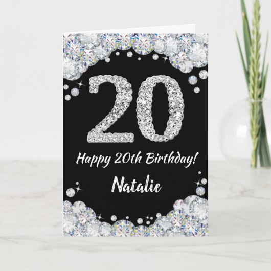 Happy 20th Birthday Black en Silver Glitter Card Kaart (Voorkant)