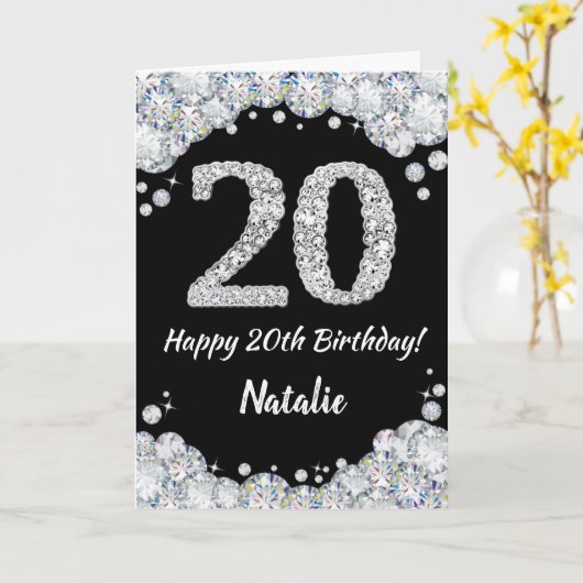 Happy 20th Birthday Black en Silver Glitter Card Kaart (Gele Bloem)