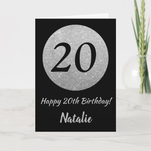 Happy 20th Birthday Black en Silver Glitter Card Kaart (Voorkant)