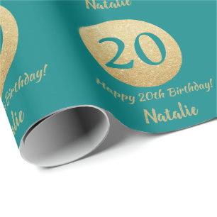 Happy 20th Birthday Blauwgroen en Gold Glitter Cadeaupapier