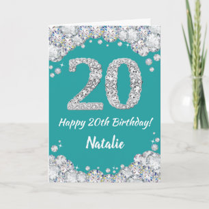 Happy 20th Birthday Blauwgroen en Silver Glitter C Kaart
