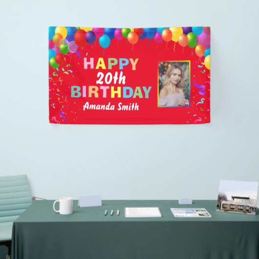 Happy 20th Birthday Colorful Balloons Red Spandoek (Beurs)